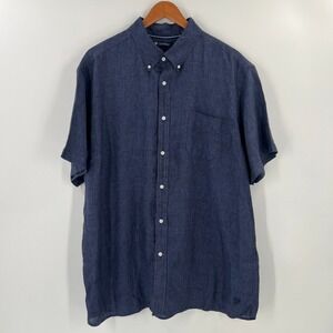 CREMIEUX Men Size XXL Short Sleeve Button Down Shirt Blue Linen Coastal Vacation